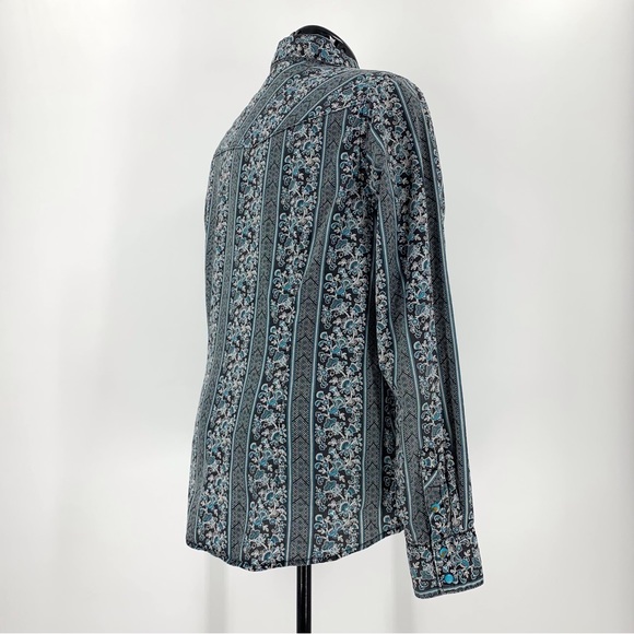 Cruel Black and Teal Floral Paisley Snap Closure Western Rodeo Shirt, Large - Picture 9 of 16
